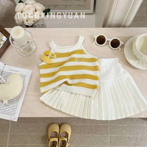 Girls Striped Knitted Vest And Pleated Skirt Set Yellow Cotton Summer Outfit For Children - Product Image 1