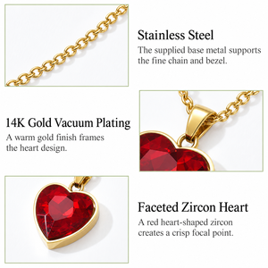 Collier en zircon en forme de cœur, acier inoxydable, plaqué or 14 carats sous vide, pendentif facetté rouge, bleu, vert, violet - Product Image 2