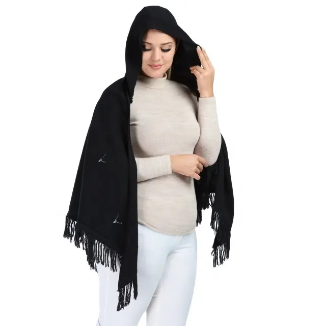 New Collection Custom Winter Women Black Hood Shawl Coat Latest Design Ladies Clothing Cloak Fashion High Quality Lady Shawl