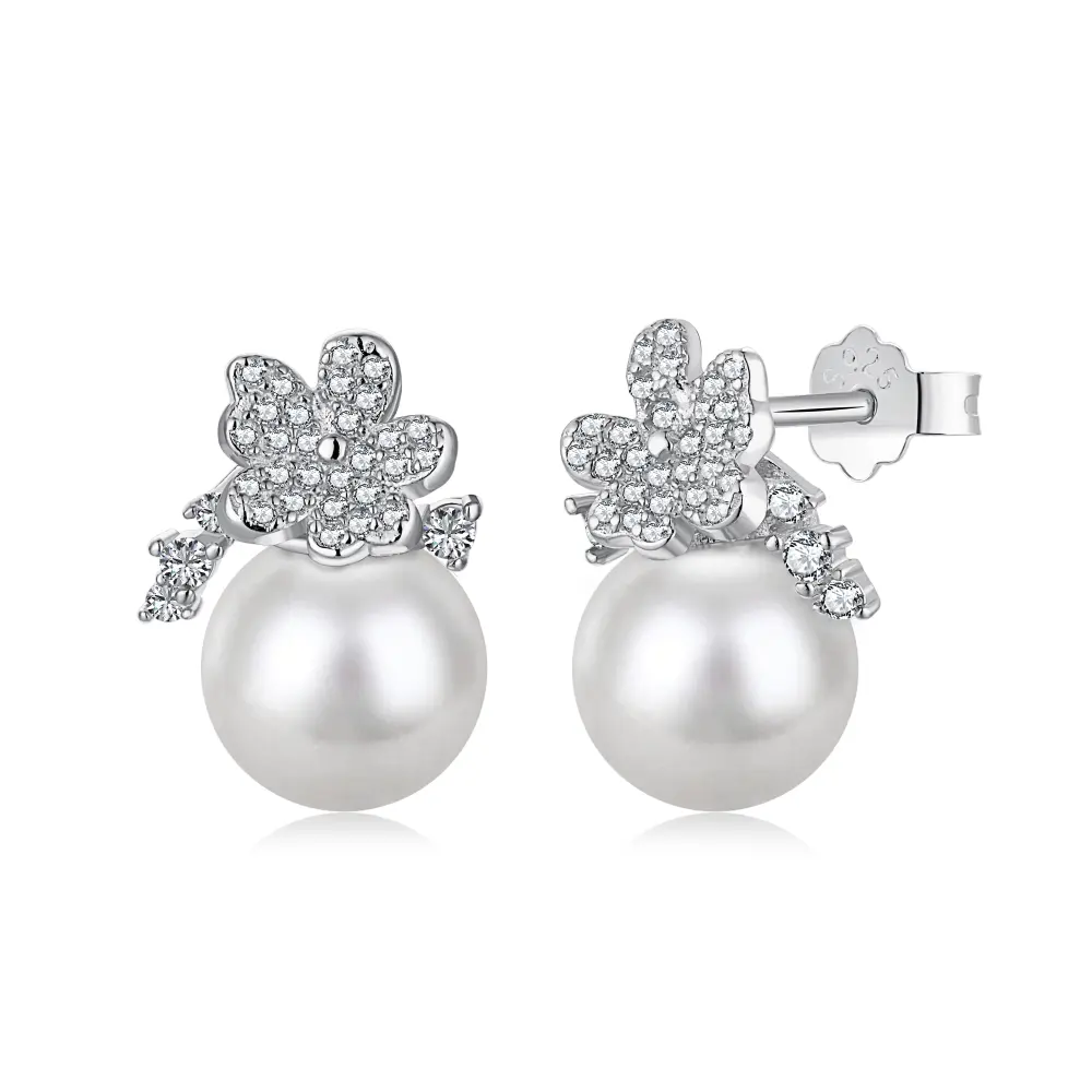 Dylam 18K Gold Plated 925 Sterling Silver Earring Stud Round White Shell Flower 5A Zircon Diamond Pearl Earrings
