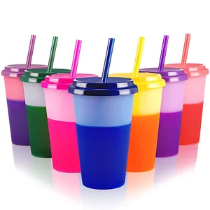 แก้วกาแฟพลาสติกแบบเปลี่ยนสีได้พร้อมหลอด,แก้วกาแฟแบบนำกลับมาใช้ใหม่ได้ปราศจากสาร BPA ขนาด12ออนซ์สำหรับฤดูร้อน