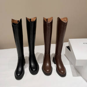 Bottes hautes en cuir de vachette véritable de qualité supérieure, style britannique, talon carré, fermeture à enfiler, toutes saisons - Product Image 3