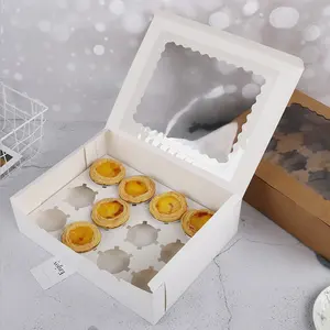 Grosir Kemasan Kertas Kraft Putih Daur Ulang Kotak Kertas Cupcake Mini dengan Jendela Bening untuk Kotak Pengiriman Cupcake 6 dan 12