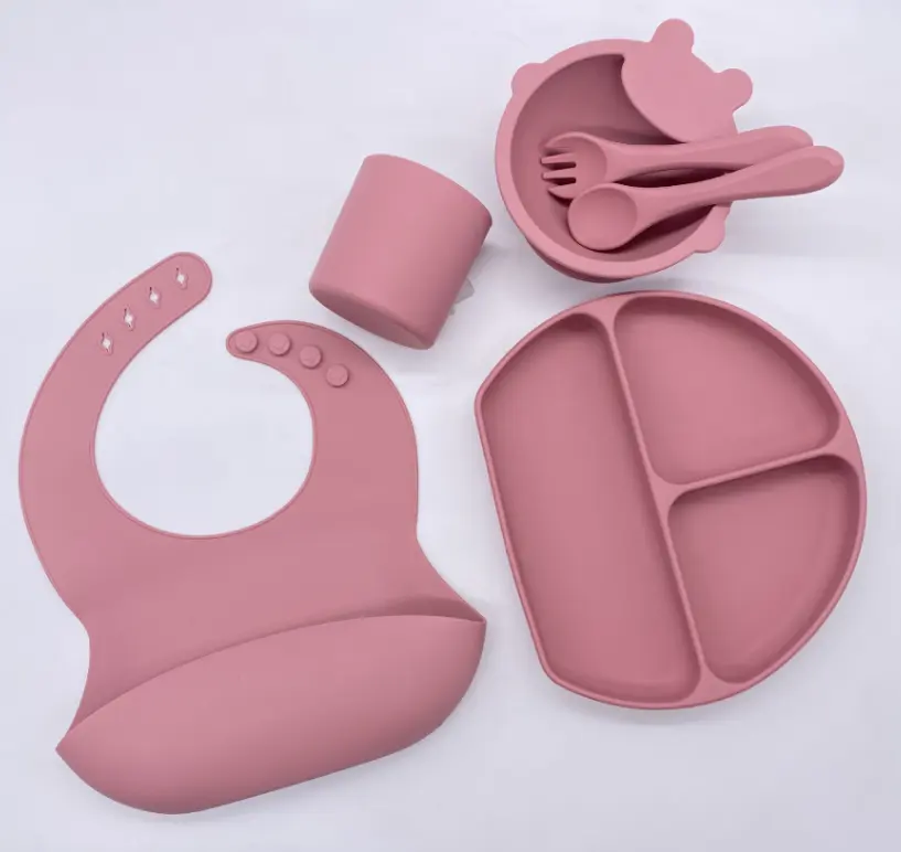 6 pcs Set Children Tableware Suit Bowl Bib With Spoon Fork Baby Items Silicone Dinnerware Set