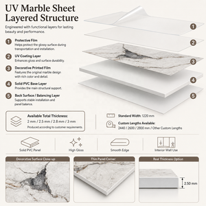 Panneau mural moderne en PVC MORLENX gris clair effet marbre UV, étanche et brillant, pour appartements, hôtels, cuisines et halls. - Product Image 3