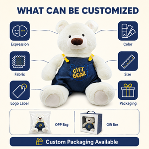 Orsacchiotto di Peluche con Salopette in Denim <span class=keywords><strong>e</strong></span> Ricamo, <span class=keywords><strong>Orsetto</strong></span> <span class=keywords><strong>Bianco</strong></span> Crema in Jeans per Regalo Personalizzato - Product Image 2