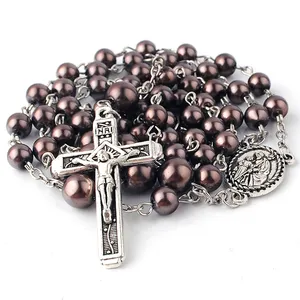 CRN004 6mm Catholic Necklaces Brown Color Glass Pearl Beads Rosary Necklace