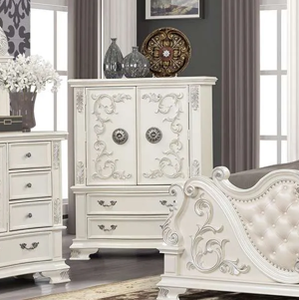 Cabecero de Cuero con Mechones y Tallados Intrincados, Juego de Muebles de Dormitorio Blancos con Cómoda a Juego - Product Image 3