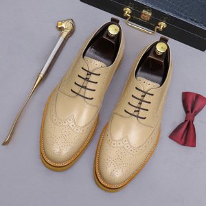 Customized high-heeled leather shoes,cowhide business formal dress brogues,<b>block</b> patterned thick-soled lightweight men's leather - Product Image 3