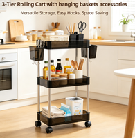 Chariot de rangement roulant à 3 niveaux, étagère transparente à roulettes, assemblage stable avec serre-câbles, organisateur domestique multi-usages