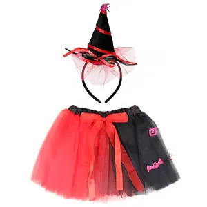 New Halloween Costume Girl's Skirt Mesh Half Skirt Horn Headband Set Black Red Short Skirt