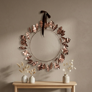Guirnalda Decorativa Redonda Rústica Hecha a Mano con Hojas de Roble y Cobre, Sin Iluminación, Pieza Única - Product Image 3