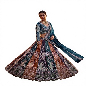 Lehenga Choli de Lujo en Azul Turquesa Multicolor, con Bordado de Terciopelo Zari, Traje de Novia Indio para Bodas, Ghagra para Verano e Invierno - Product Image 1