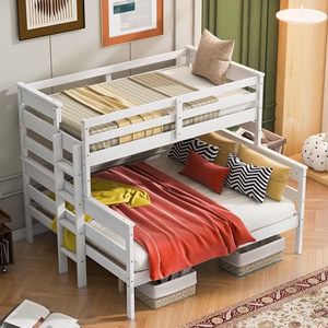 เตียงสองชั้นไม้สีขาวพร้อมบันไดและราวกั้นนิรภัยสำหรับห้องนอนเด็ก - Product Image 1