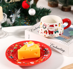 Christmas Ceramic Cup and Saucer Set with Santa Claus Cartoon Design, Red and Pink Handles, Holiday <b>Drinkware</b> for Coffee or Tea - Product Image 5