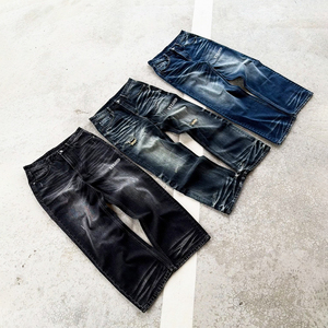 Jeans personnalisés streetwear, coupe droite large, effet usé et délavé, design vintage, denim épais délavé, style baggy - Product Image 1