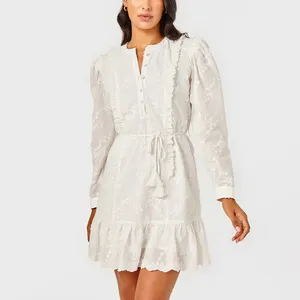 2024 Spring Fashion Women Custom Long Sleeves Fit Flared Mini Dress Casual White Floral Embroidery Soft Cotton Lace Up Dress