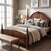 Lit double en bois massif de style campagnard américain classique, grand lit pour chambre de villa