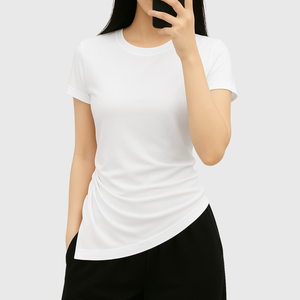 T-shirts à cordon de serrage pour femmes de couleur unie avec logo personnalisé col rond coupe ajustée Sexy décontracté hauts courts été polyvalent mode t-shirt - Product Image 5