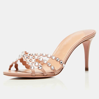 Mules à talons pour femmes ornées de cristaux, sandales à brides multiples festonnées et bijoux, vente en gros, OEM personnalisé