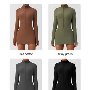 リブ編み長袖ハーフジッパーヨガボディスーツスタンドカラージムドレス（女性用高強度フィットネス・テニスウェア） - Product Image 4