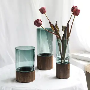 Hot selling Nordic ins wooden bottom glass vase, home decoration and ornaments high-grade cylinder bud vase