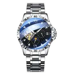 Montre classique à bracelet automatique en acier inoxydable Mains et marqueurs lumineux Montre pour homme à ouverture ouverte