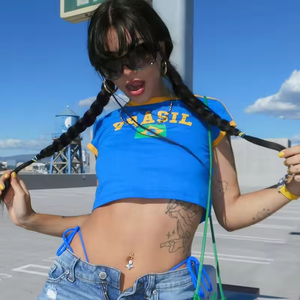 Débardeurs courts sexy pour femmes, style baby tee, à manches courtes, avec motif drapeau national, personnalisables pour le football et le cheerleading, vente en gros - Product Image 3