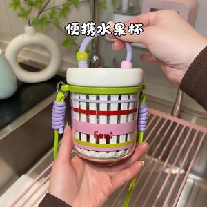 Fruit <b>Cup</b> With Lid Leak Proof <b>Large</b> Capacity Portable For Travel Outdoor Picnic Office Use Plastic Cute Design - Product Image 5