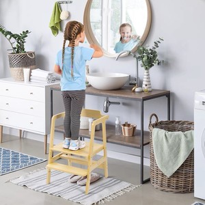 Children's Solid Wood <b>Kitchen</b> Stool With Handrails Foldable Toddler <b>Step</b> Stool For Kids Scandinavian Design - Product Image 3