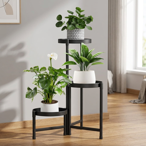 Support à fleurs moderne en métal à trois niveaux circulaires pour plantes d'intérieur, design minimaliste, finition noire - Product Image 5