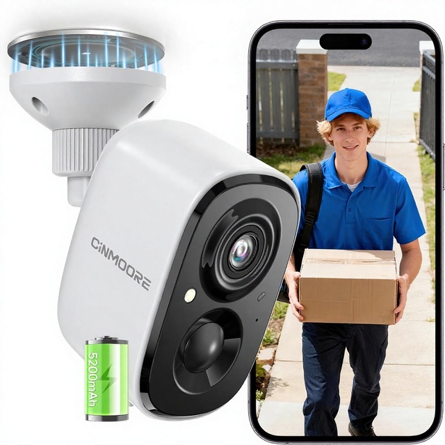 CINMOORE 2.5K Wireless Outdoor/Indoor Security Camera AI Detection Color Night Vision Siren Alarm 2-Way Talk Magnetic Mount