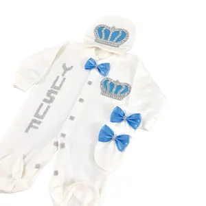 4 adet pamuklu kumaş örme toptan özel yenidoğan yeni tasarım Modern lüks mavi yüksek kaliteli isim yazılı bebek tulum takımı
