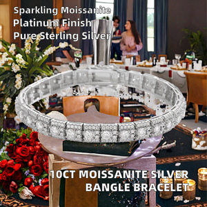 Platinum Plated 925 Sterling Silver 10 Carat Round Brilliant Cut Moissanite Chain & Link <b>Bangle</b> <b>Bracelet</b> for Women - Product Image 2