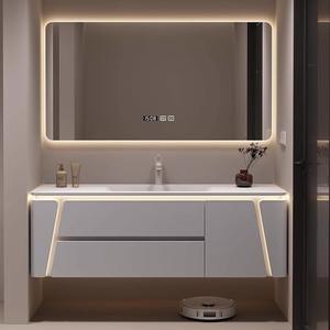 Meuble-lavabo mural moderne et minimaliste en PVC de grande capacité, couleur crème, avec lumières LED et vasques - Product Image 2