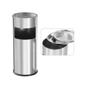 Customized Popular Round Shape Outdoor Waste Bin Silver Stainless Steel Ash Lid Lobby Trash Can Metal Rubbish Bin for sale