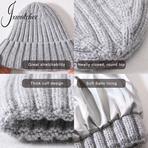 Mũ len lót lụa mềm mại cao cấp, in logo tùy chỉnh, mũ ngủ bảo vệ tóc, mũ mùa đông bán buôn, mũ trơn unisex lót satin - Product Image 5
