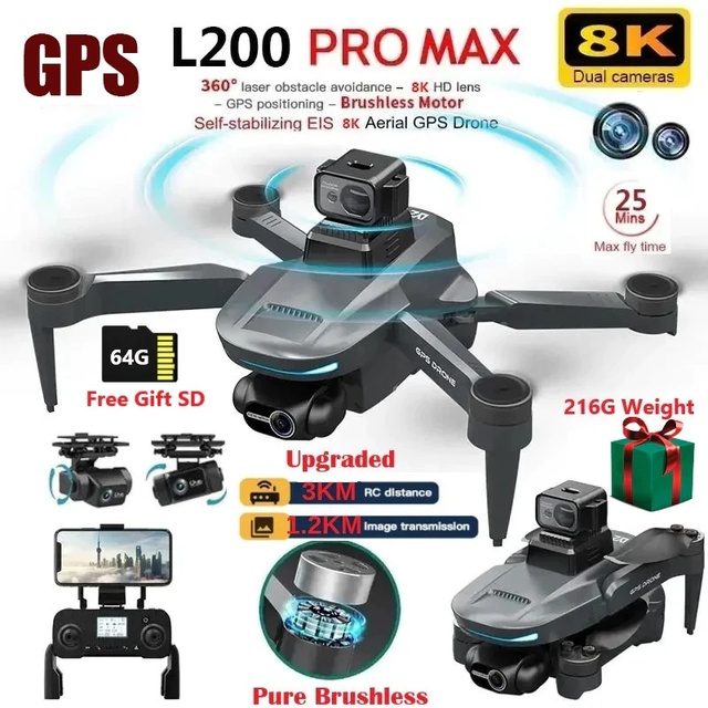 L200 PRO MAX FPV Professional Quadcopter Toy GPS Brushless Motor 4K HD 2-Axis Gimbal 360° Obstacle Avoidance 2km Range