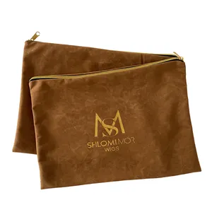 Custom Brand Logo printed Cosmetics Travel Storage Bags35x25cm Brown Velvet Wigs zipper Bags