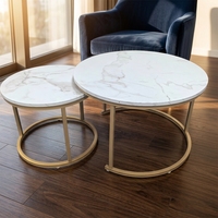 Ensemble de tables basses modernes de qualité commerciale, 2 tables gigognes rondes, structure en métal doré, prix usine pour hôtels et appartements