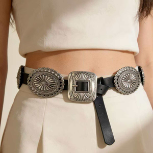Sabuk Pinggang Wanita PU dengan Hiasan Concho Perak Antik Bermotif Bunga, Gesper Persegi dari Paduan Logam, Sabuk Retro Boho untuk Gaya Kasual Barat - Product Image 2