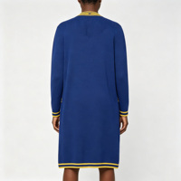 Vente en gros de cardigan long pour femmes en tricot bleu royal, personnalisé OEM ODM, broderie chenille, ouverture sur le devant, imprimé