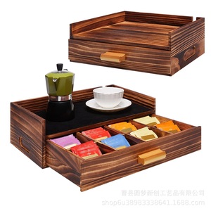กล่องเก็บชาและกาแฟไม้สไตล์เรโทรพร้อมลิ้นชัก กล่องเก็บถุงชาและอุปกรณ์ชงกาแฟแบบหลายช่อง ทำจากไม้เนื้อแข็ง - Product Image 4