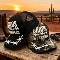 Casquette de baseball de cowboy personnalisée style Western, camouflage et couleur unie, avec dos en maille, broderie 3D fil barbelé et broderie sur la visière, style workwear