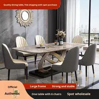 Antiker Italienischer Multifunktionaler Esstisch mit Marmorplatte, 6-Sitzer Luxus-Esszimmermöbel, Grau-Beige Stühle für den Essbereich