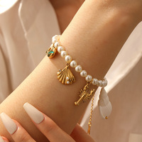 Bracelet vintage en acier inoxydable pour femmes, avec pendentif en forme de coquille de tortue corail et perles d'imitation, bijoux pour filles