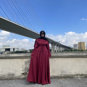 6430# Pleated Round Neck Front Lace up Tunic Large Hem Long Sleeves Elegant Dress Muslim Women Fashion <b>Maxi</b> Dresses Abayas - Product Image 5