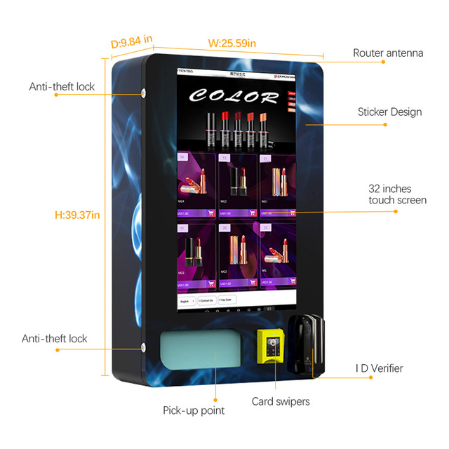 32 Inch Touch Screen Wall Mounted Age Verified Small Vending Machine Mini Cashless Payment Remote Monitoring Cloud-Based