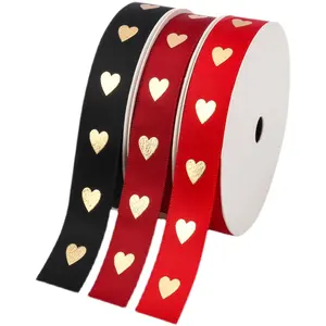 OEM custom 1 inch heart pattern black red thank you ribbon gold foil printed grosgrain ribbon for gifts