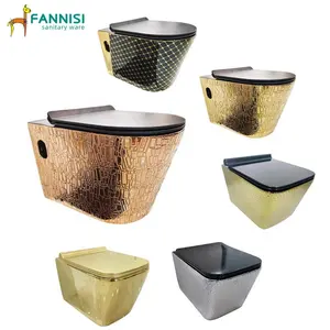 Top quality western style electroplate gold toilet commode one piece golden wall hung toilet